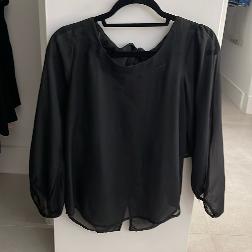 Women small Black long sleeve top blouse sheer loose fit statement sleeve bow